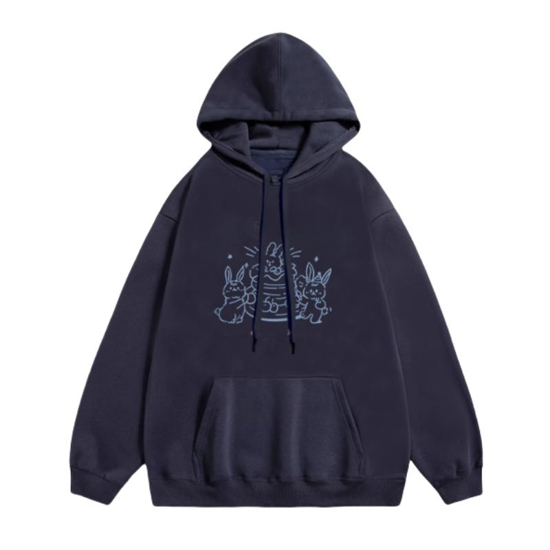 Navy Blue Cute Hoodie with Bunny Cake Print