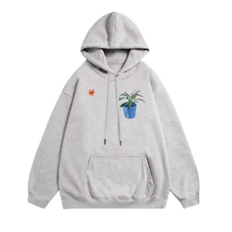 Vintage Patchwork Hoodie with Potted Plant Print